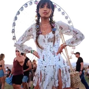 Ruffle V Neck Lace up Floral Corset Dress